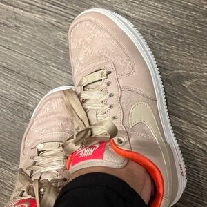 Nike Air Force 1 Neutral Pink Sneakers with hot Pink/Orange Accent